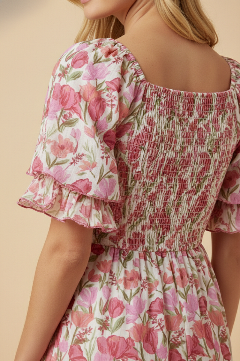 Floral Contrast Piped Tulip Sleeve Dress