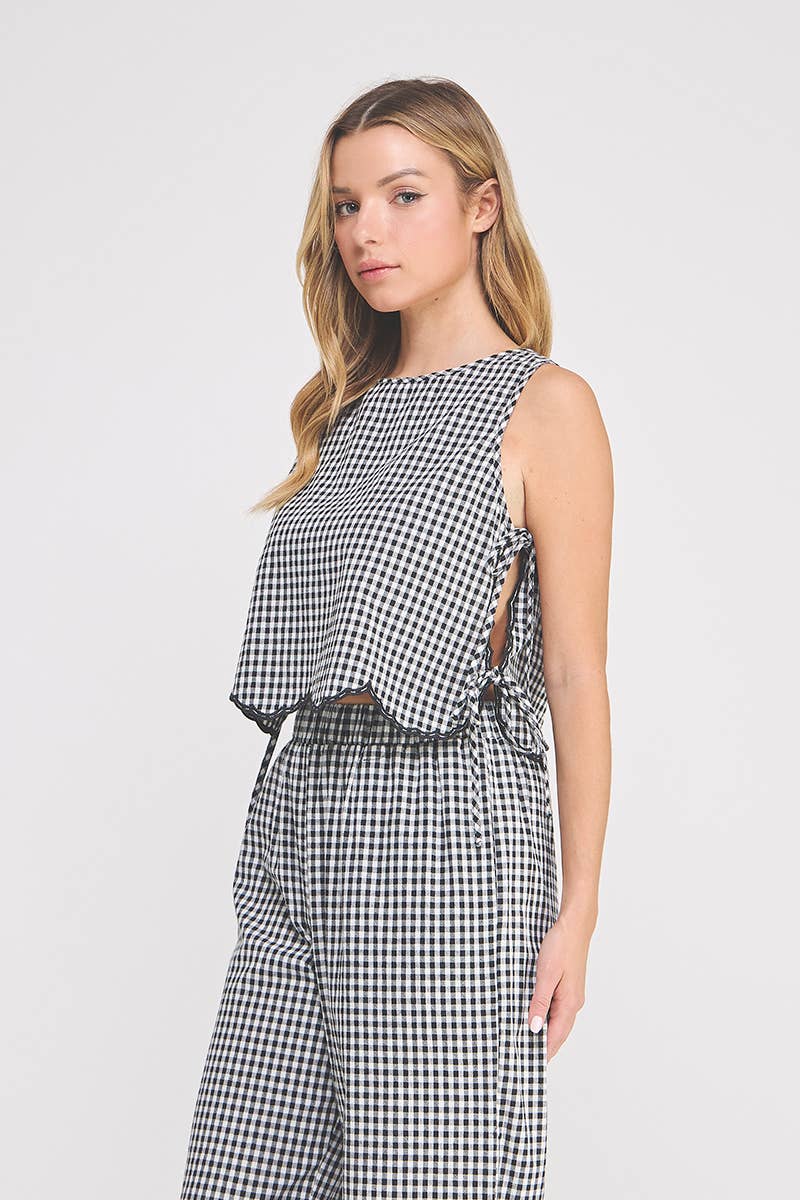 Woven Gingham Tank with Scallop Edges and Side Ties