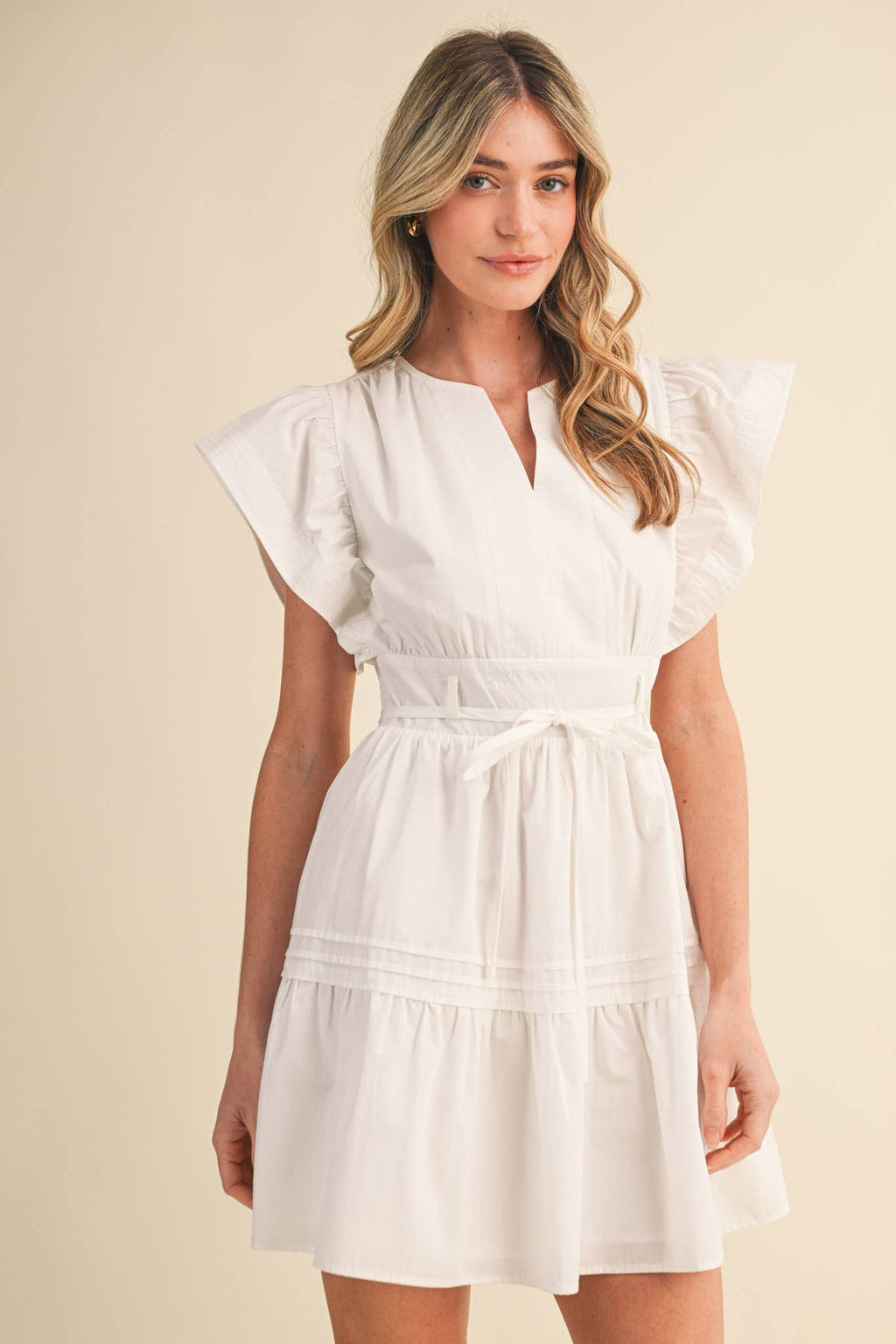 EMBROIDERED SEAM PIN TUCK DETAIL MINI DRESS