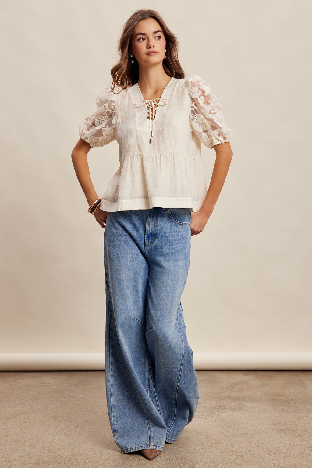 Lace Sleeve Peplum Blouse