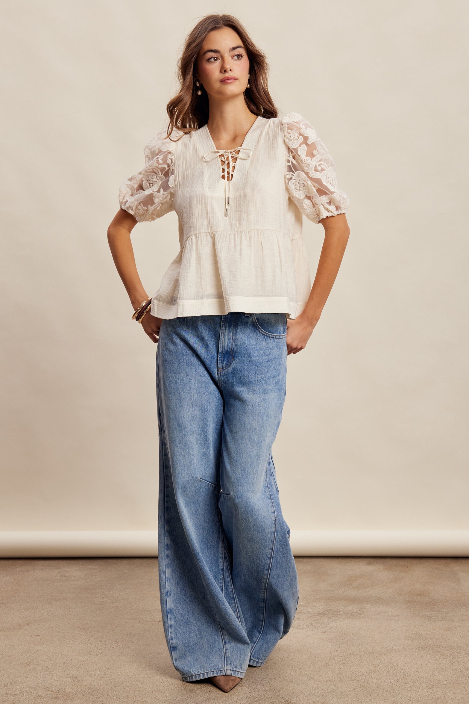 Lace Sleeve Peplum Blouse