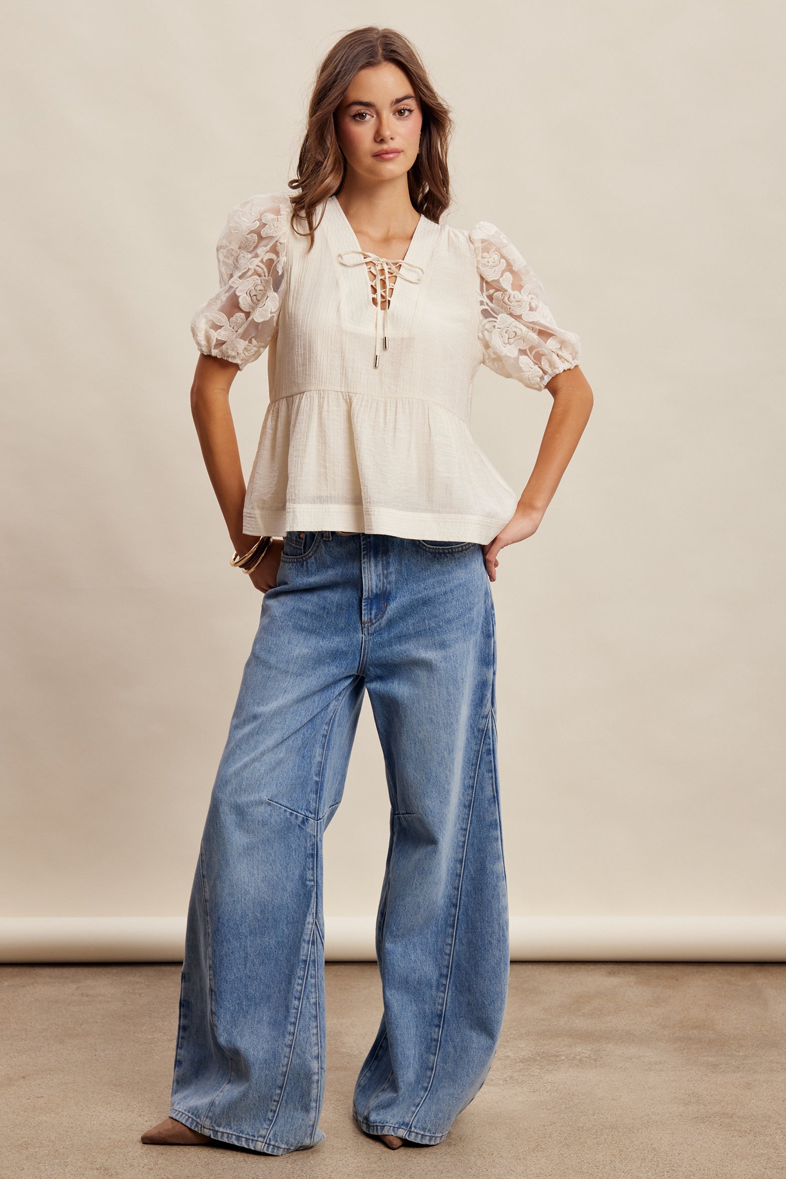 Lace Sleeve Peplum Blouse