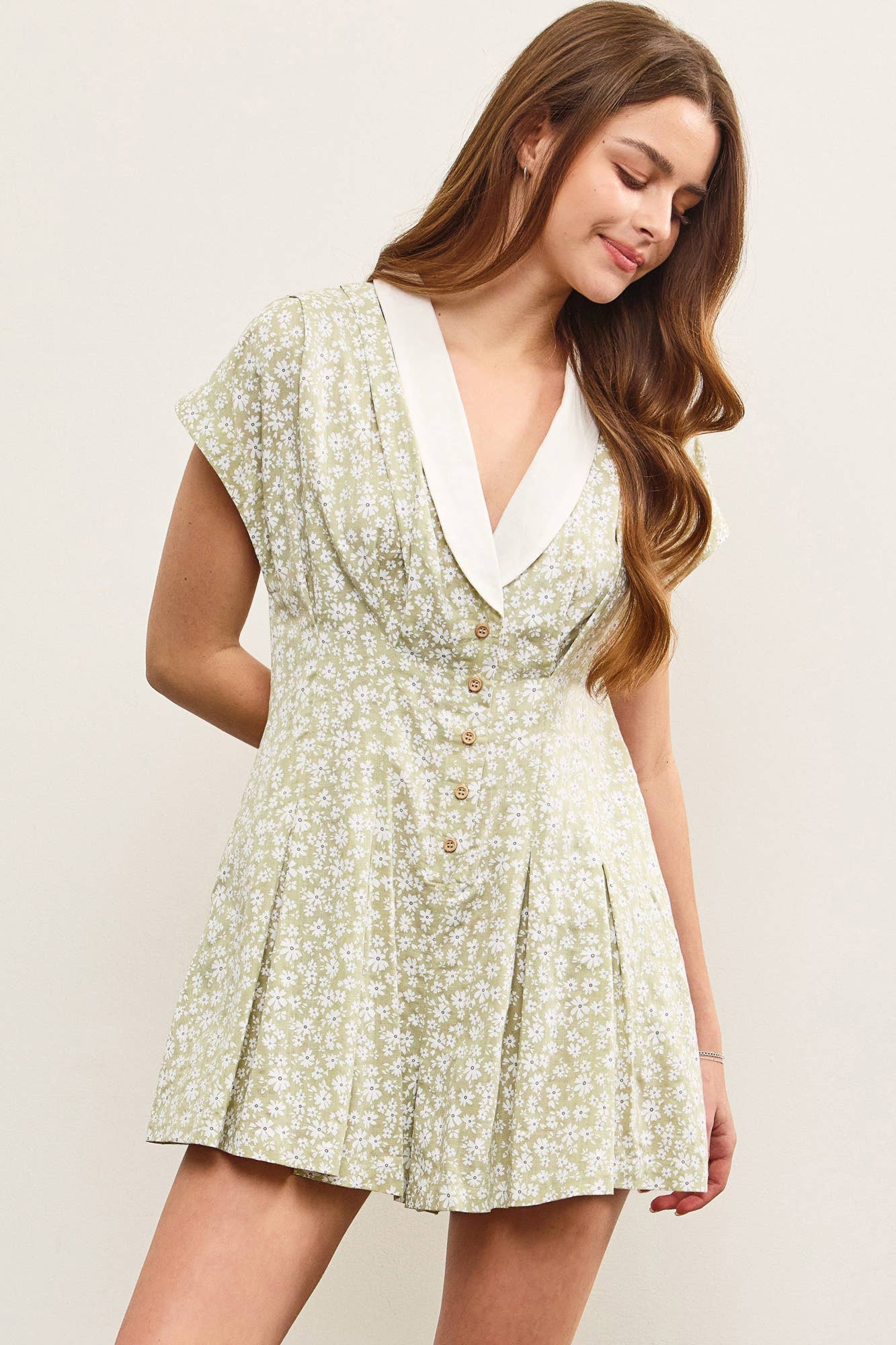 V NECK SHAWL COLLAR PLEATED ROMPER