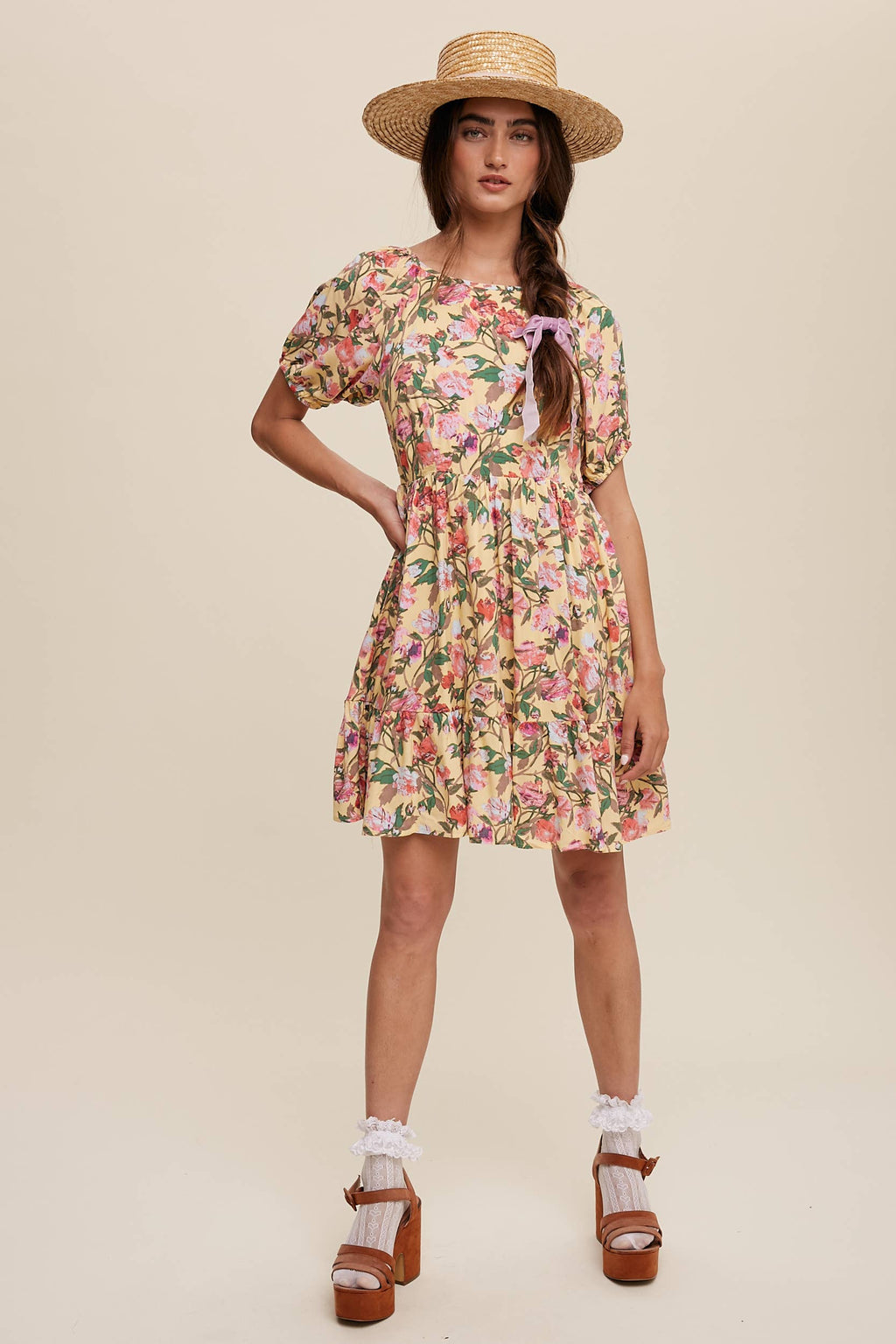 Romantic Floral Babydoll Dress with Puff Sleeves