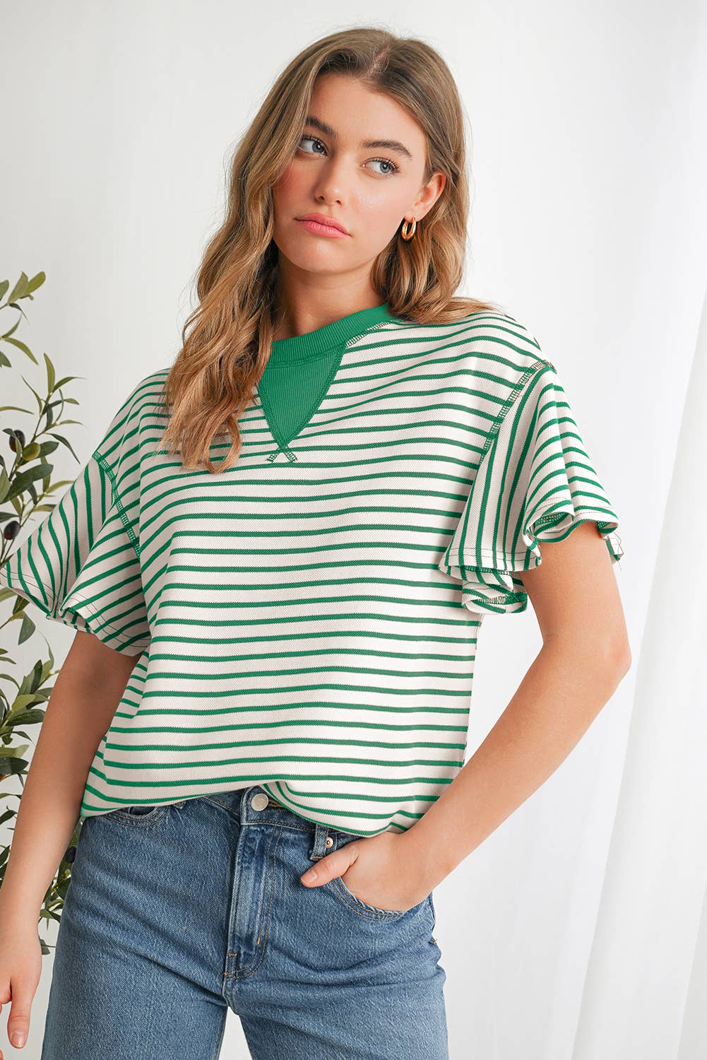 Parchment Contrast Detail Striped Ruffle Top