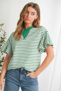 Parchment Contrast Detail Striped Ruffle Top