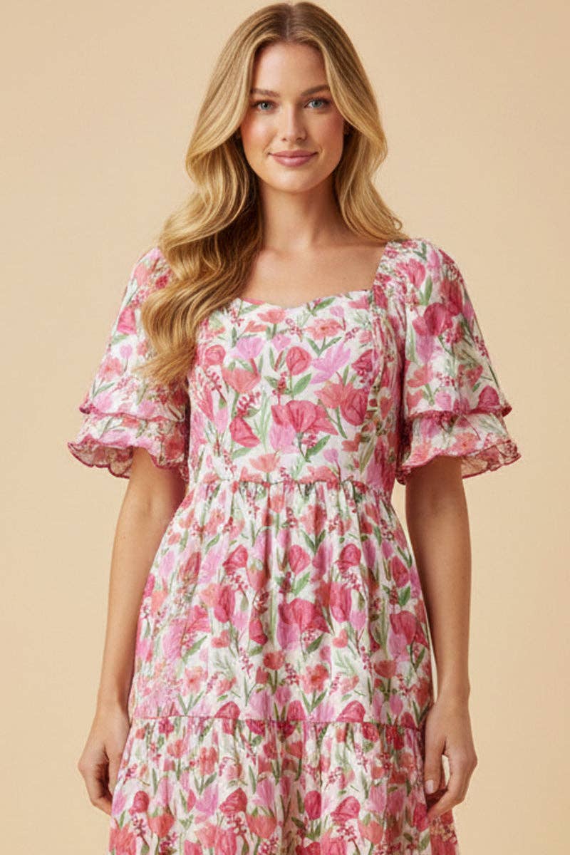 Floral Contrast Piped Tulip Sleeve Dress