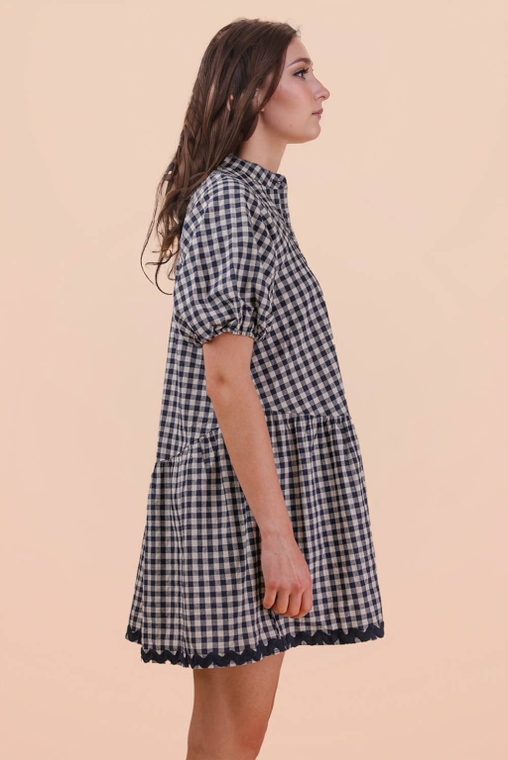 ND32032-Checkered Half Button Down Mini Dress