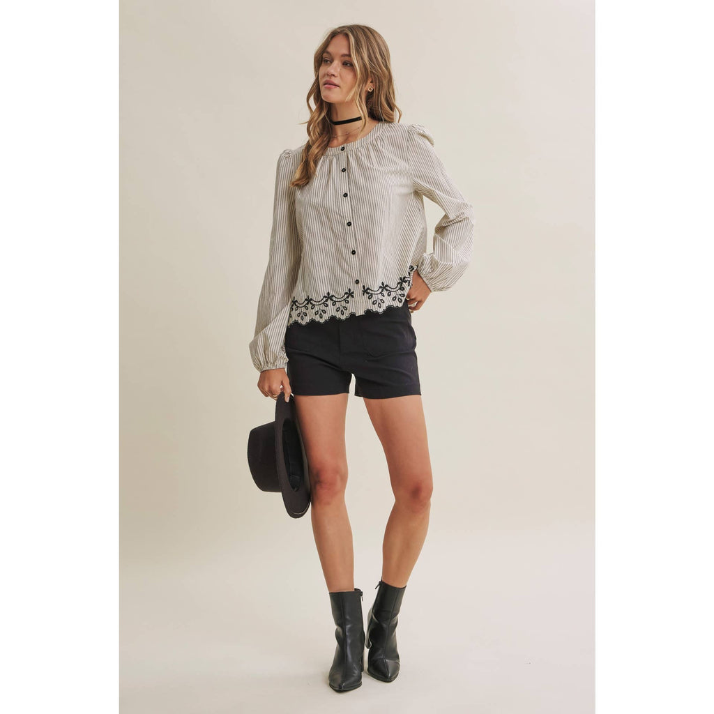 WORK TO WEEKEND CONTRAST EMBROIDERED COTTON STRIPE BLOUSE