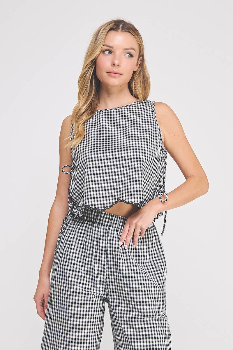 Woven Gingham Tank with Scallop Edges and Side Ties