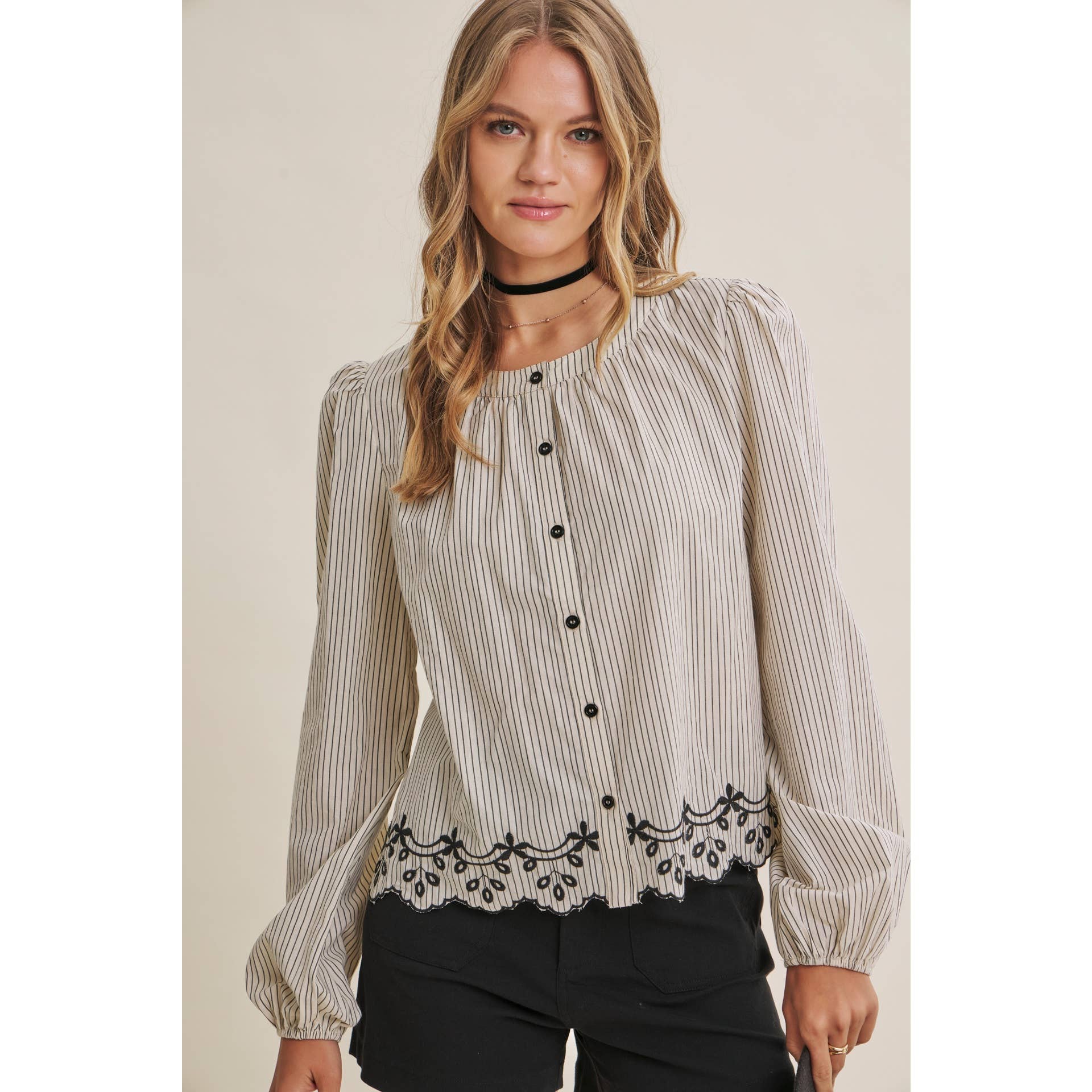 WORK TO WEEKEND CONTRAST EMBROIDERED COTTON STRIPE BLOUSE