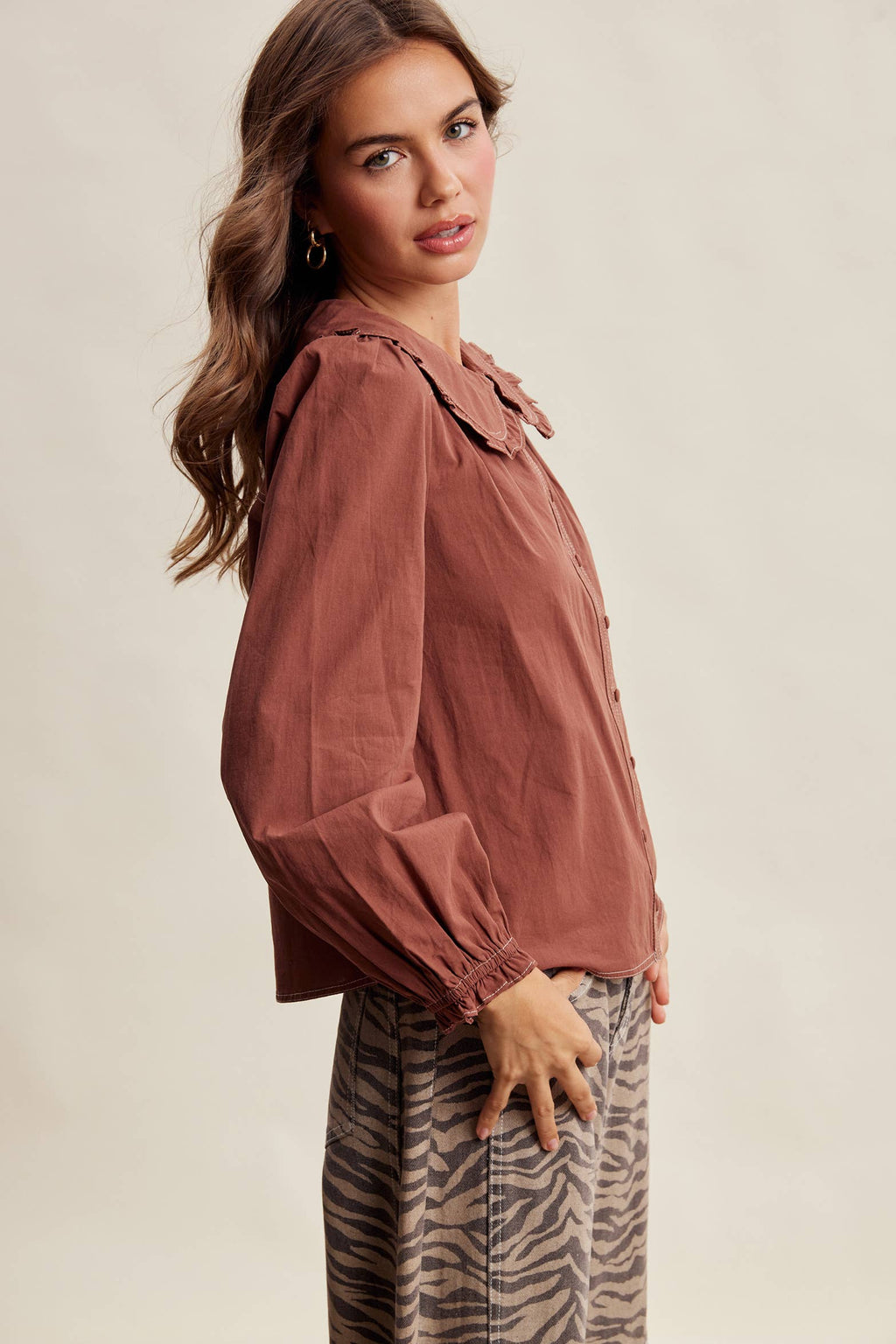 Contrast Stitch Ruffle Collar Cotton Blouse