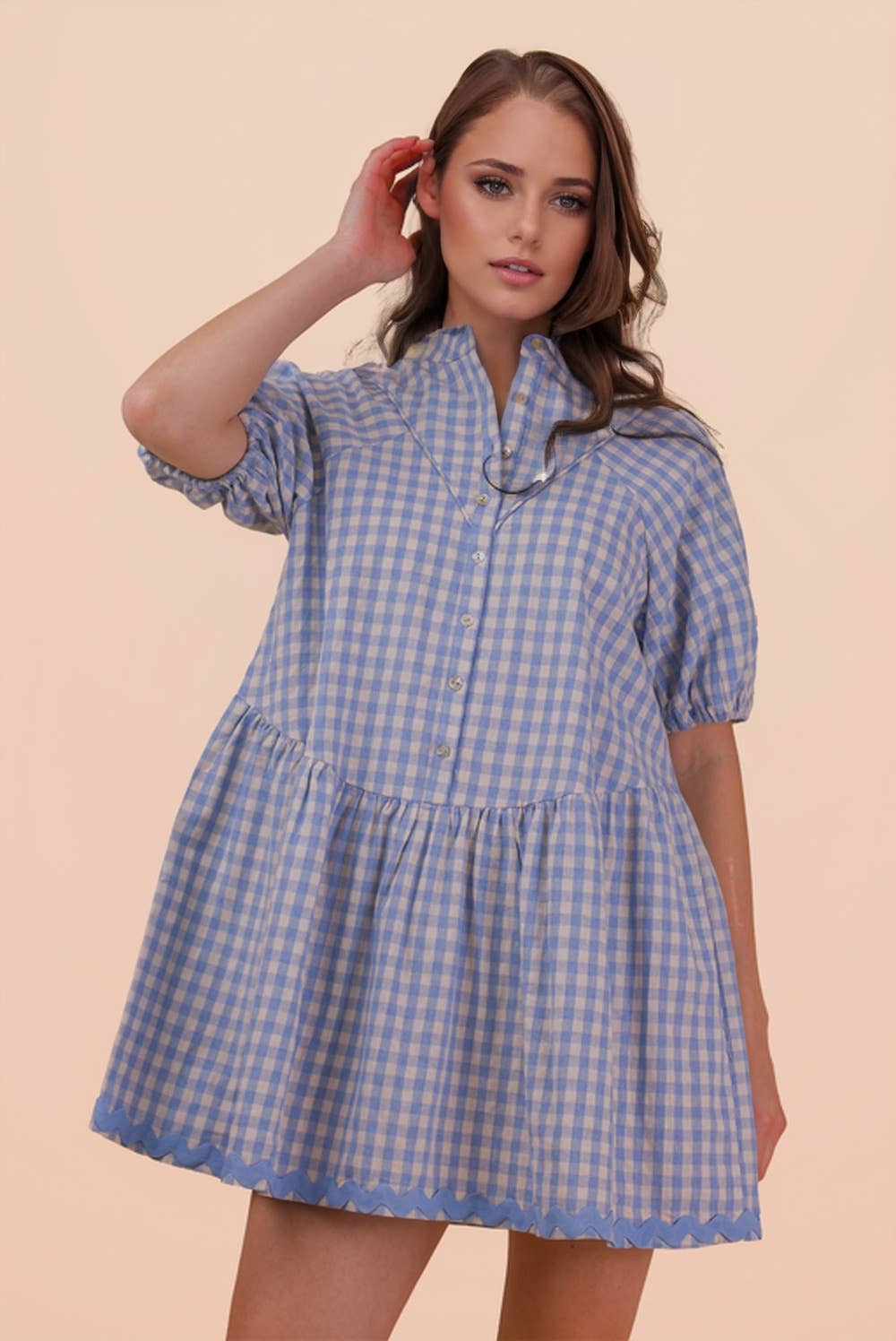 ND32032-Checkered Half Button Down Mini Dress