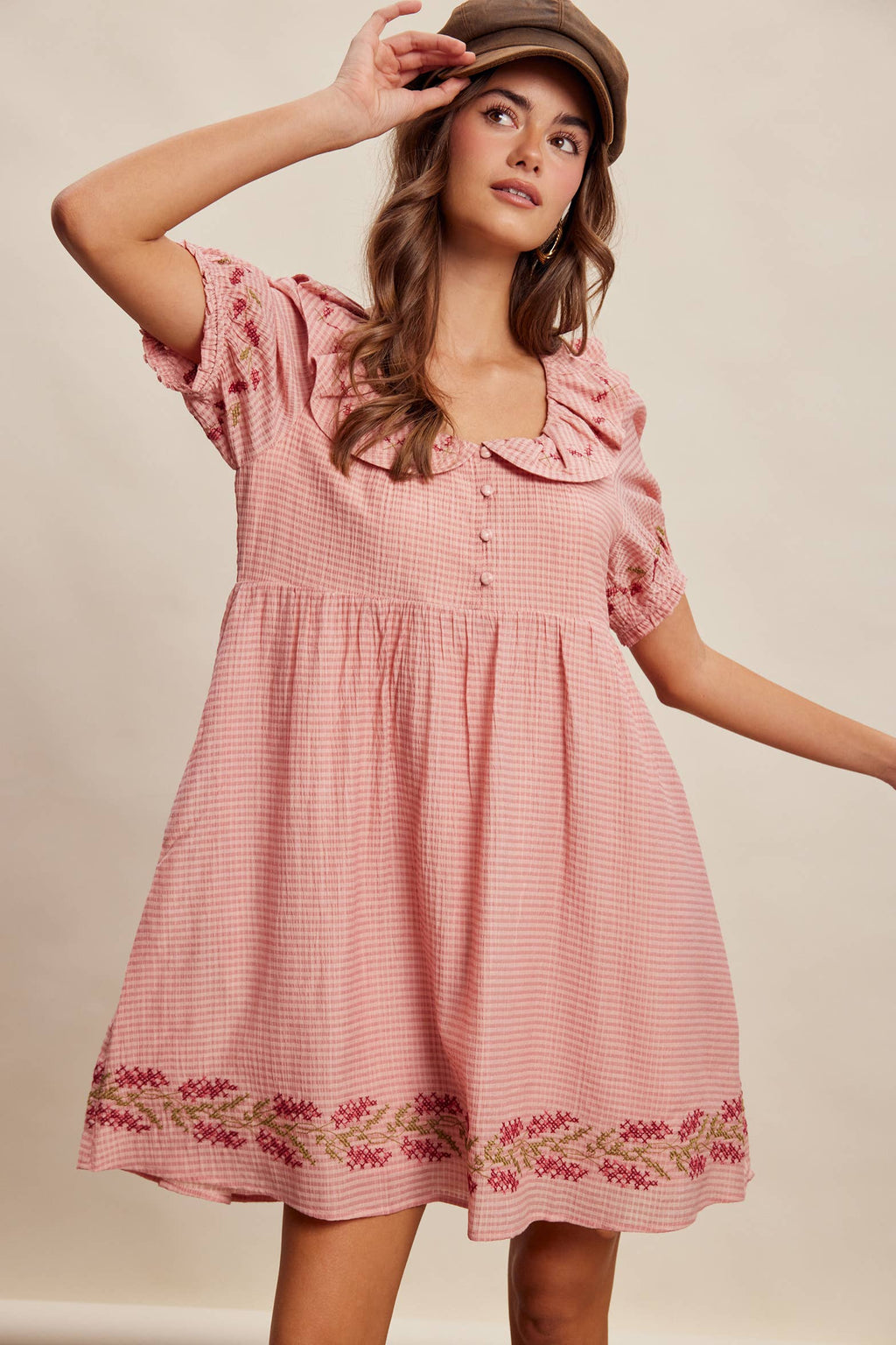 Pink Gingham Embroidered Babydoll Dress