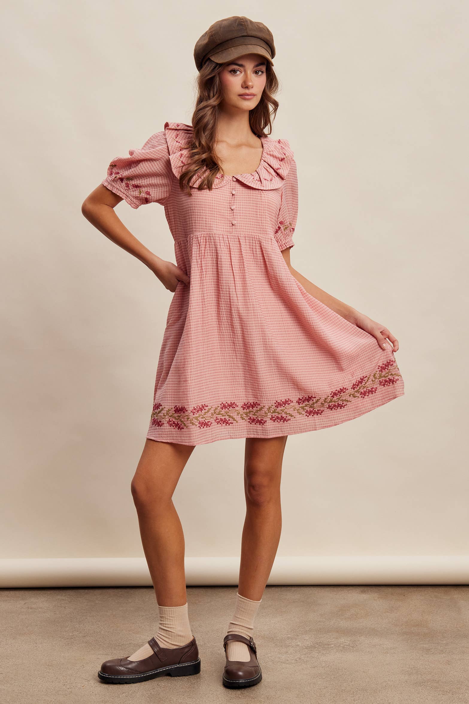 Pink Gingham Embroidered Babydoll Dress