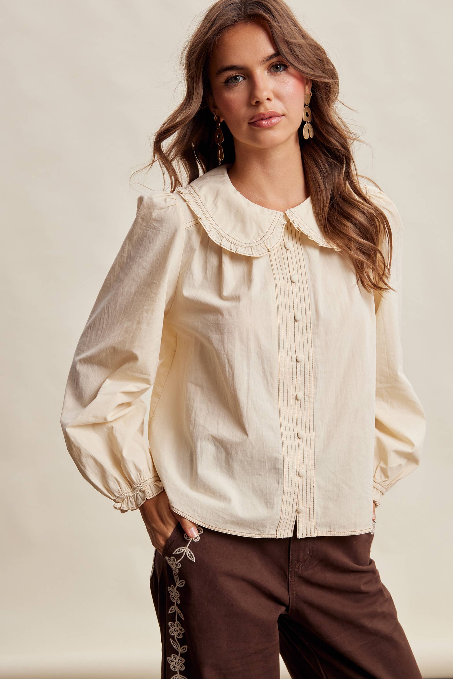 Contrast Stitch Ruffle Collar Cotton Blouse