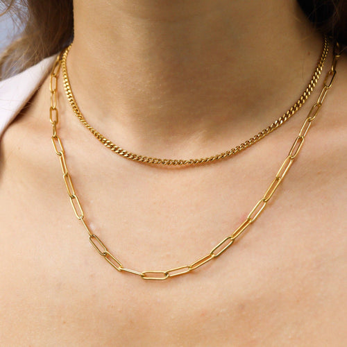 18K Gold PVD Stainless Steel Curb and Paperclip Layered Chain Necklace