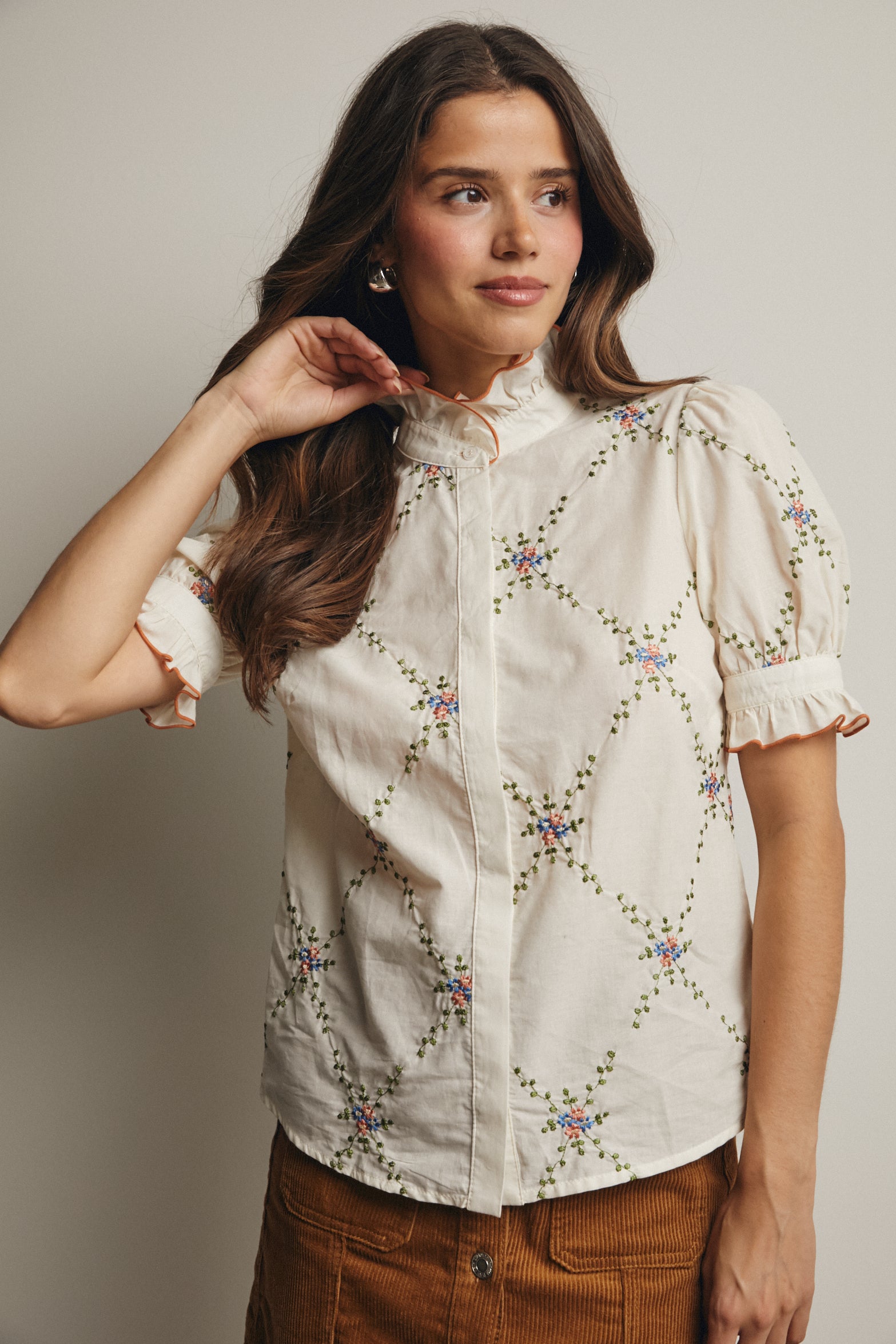 Embroidered Ruffle Collar Cotton Blouse