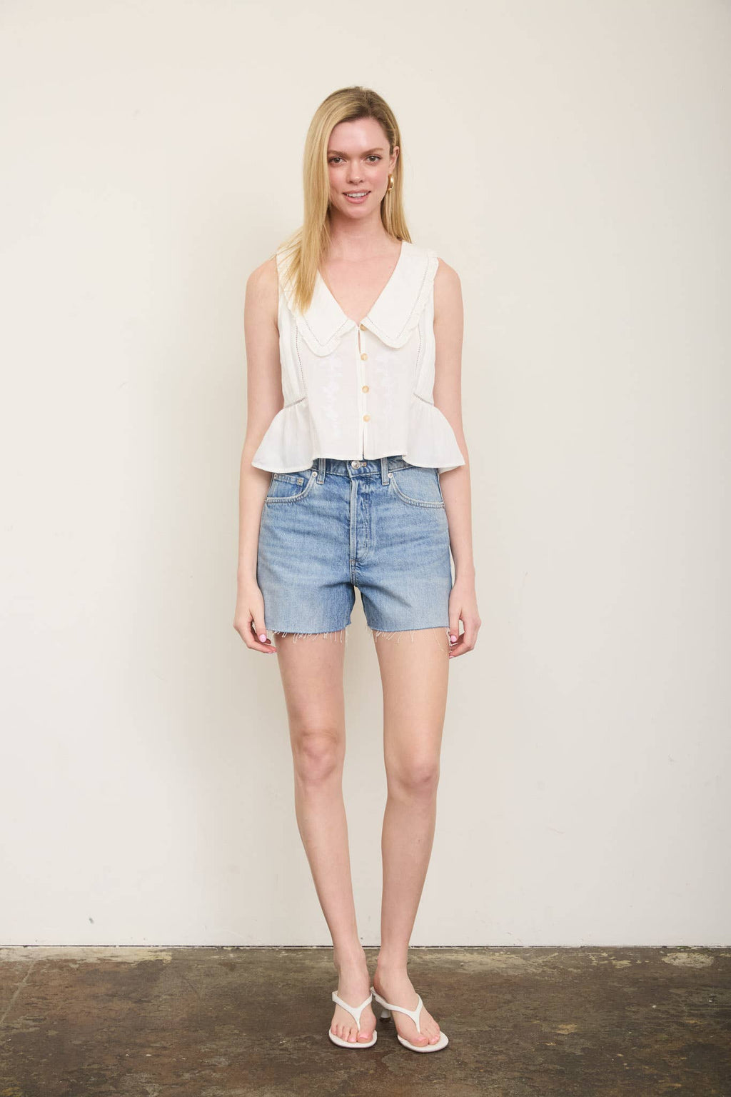 EMBROIDERED COLLARED RUFFLE TRIM BUTTON DOWN TOP