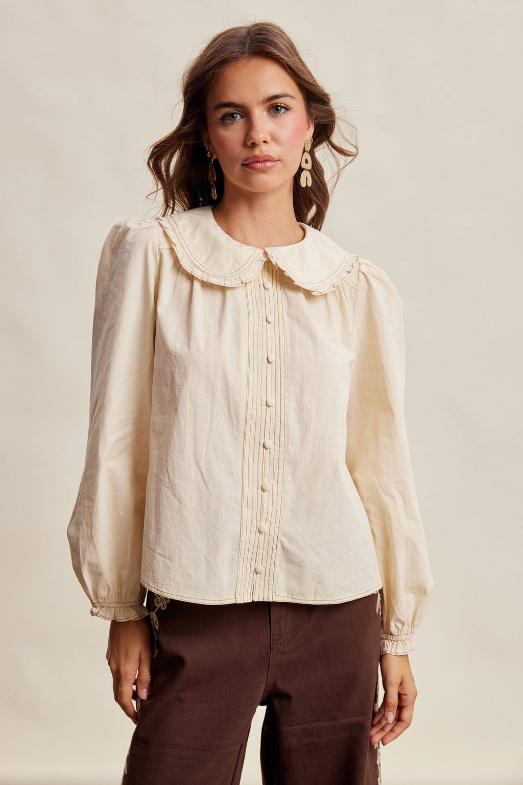 Contrast Stitch Ruffle Collar Cotton Blouse