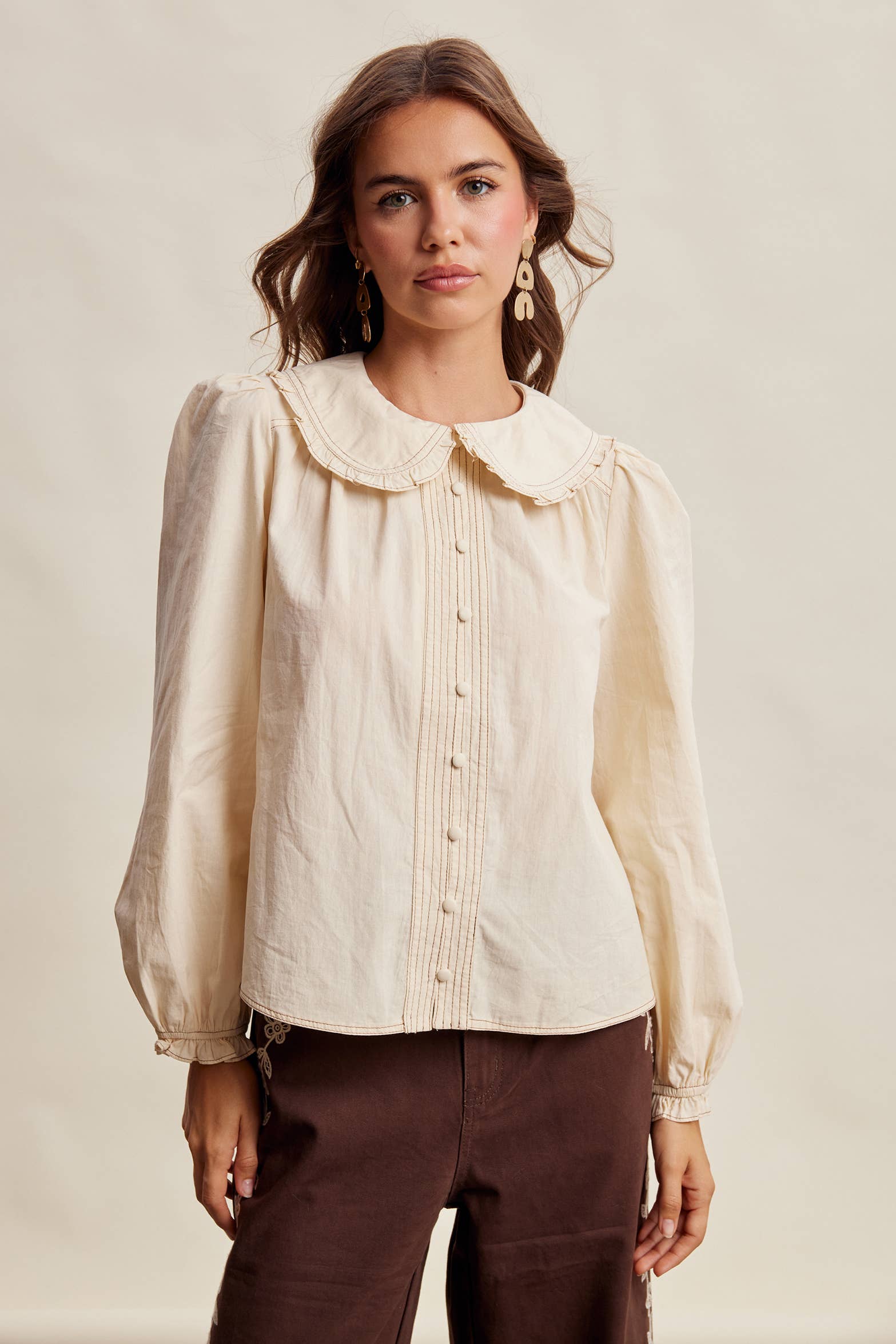 Contrast Stitch Ruffle Collar Cotton Blouse