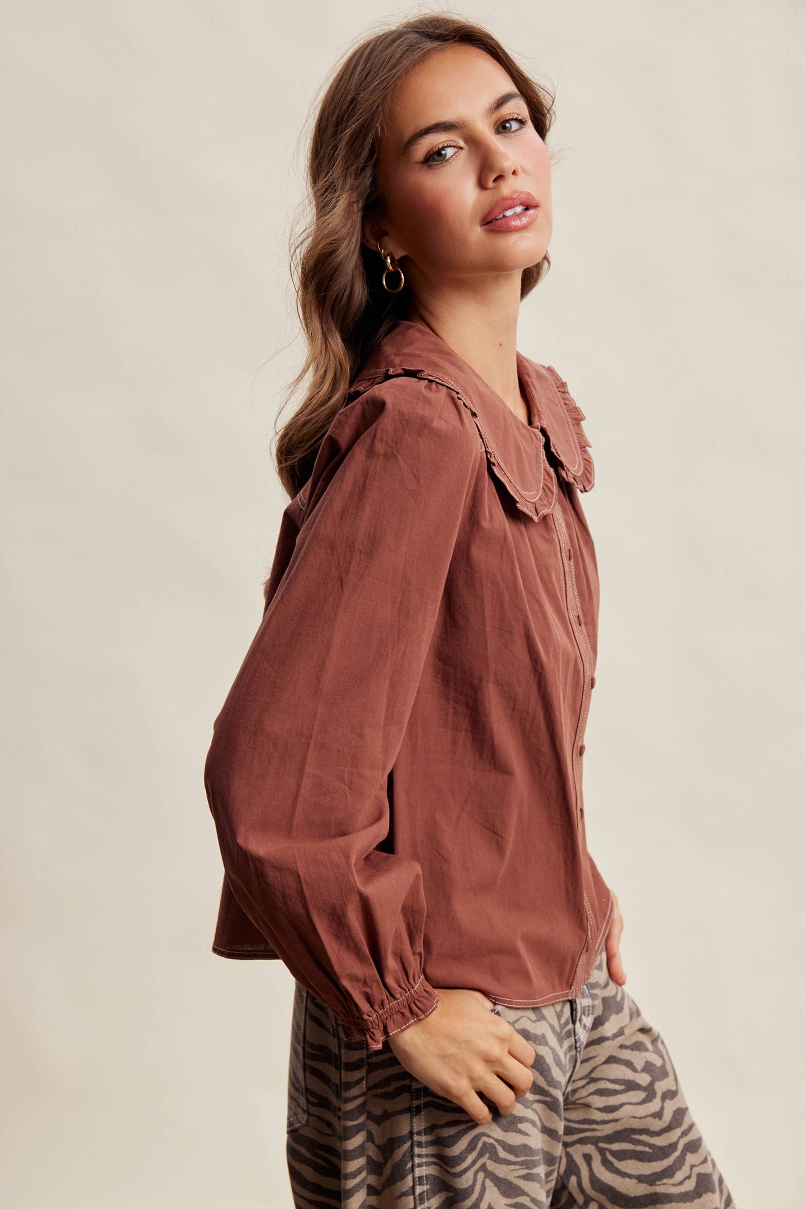 Contrast Stitch Ruffle Collar Cotton Blouse
