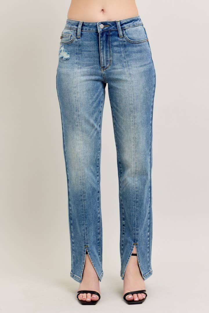 High Waisted Vintage Wash Front Seam & Slit Straight
