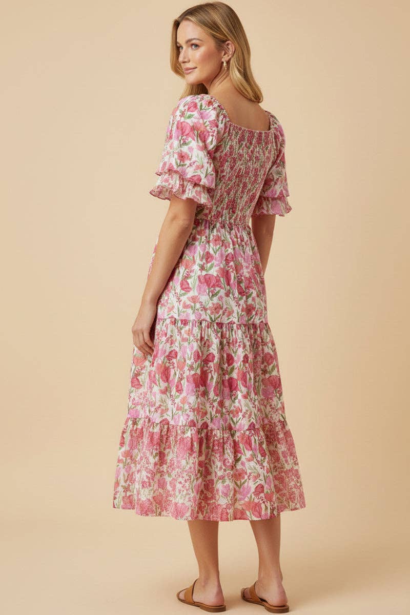 Floral Contrast Piped Tulip Sleeve Dress