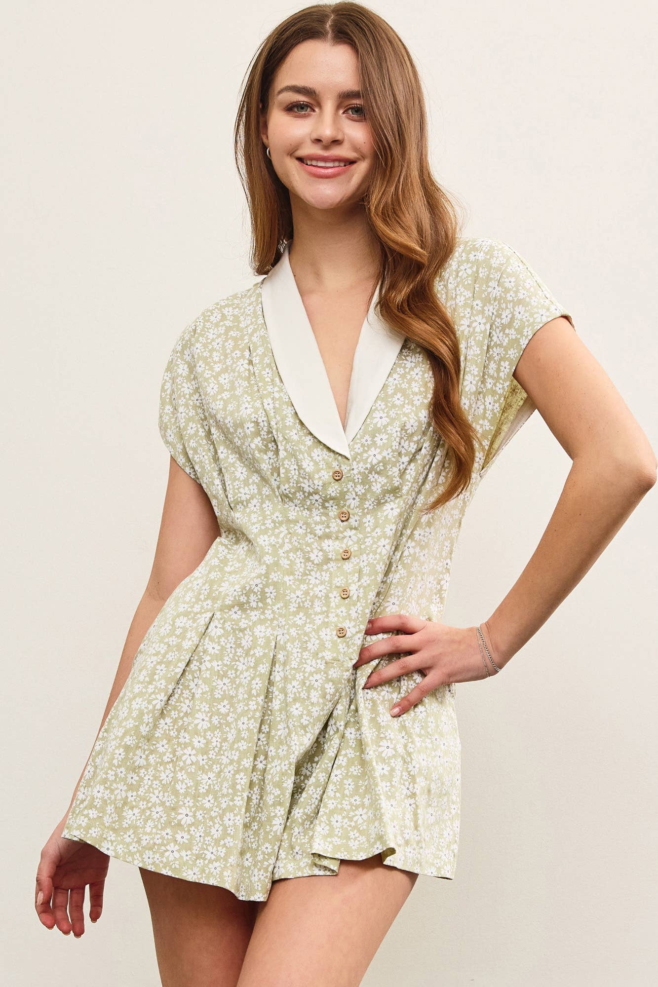 V NECK SHAWL COLLAR PLEATED ROMPER