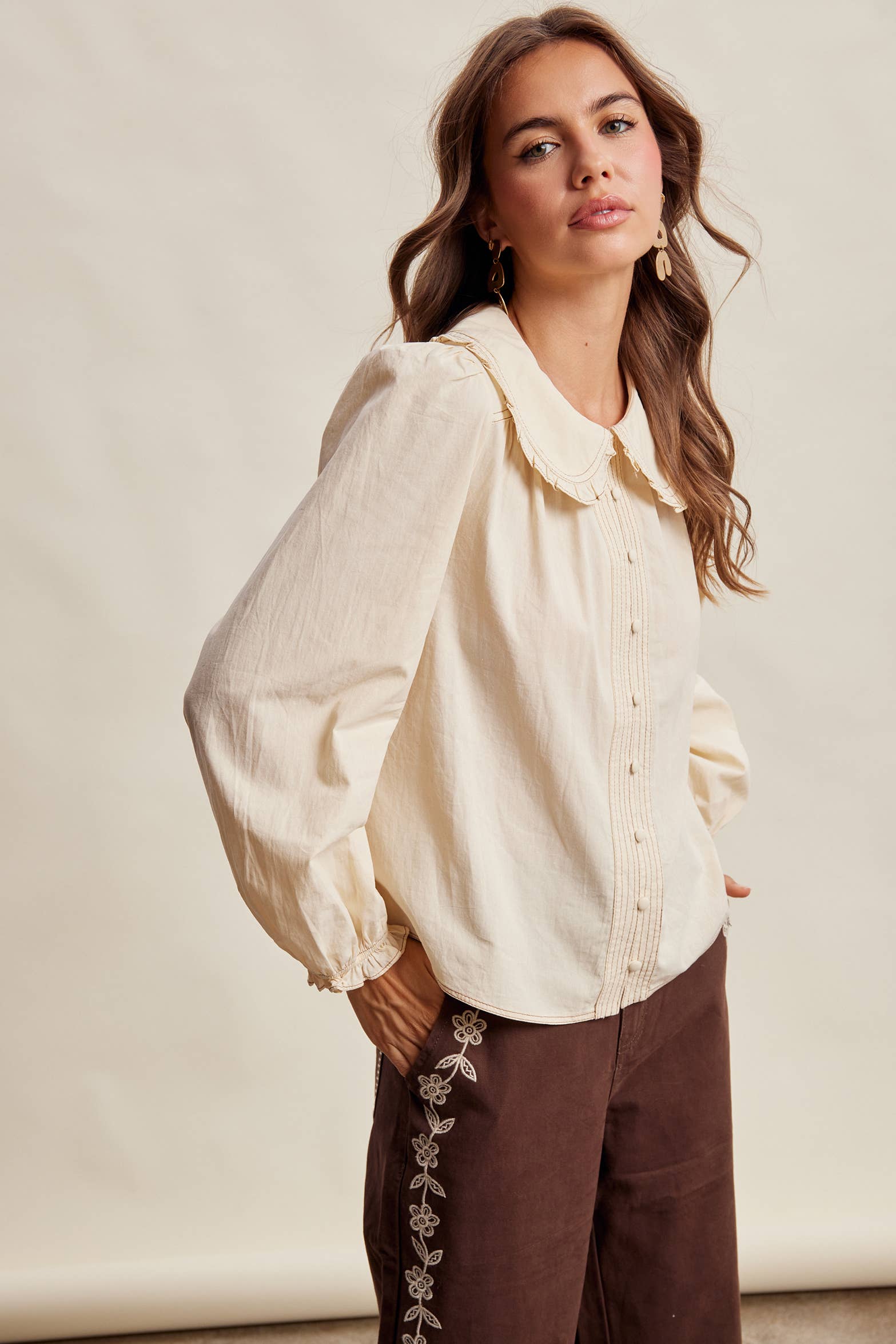 Contrast Stitch Ruffle Collar Cotton Blouse