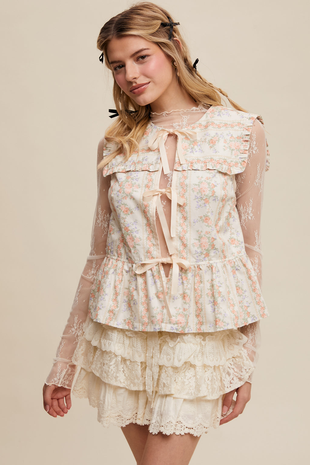 Floral Print Tie Front Peplum Top