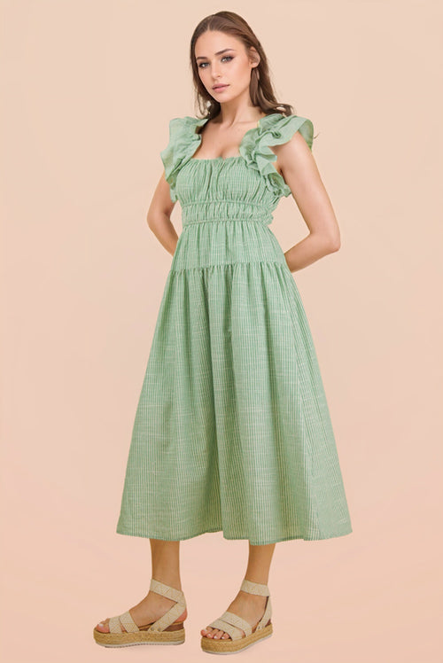 Sage Green Striped Smocked Midi Dress with Ruffle Sleeves