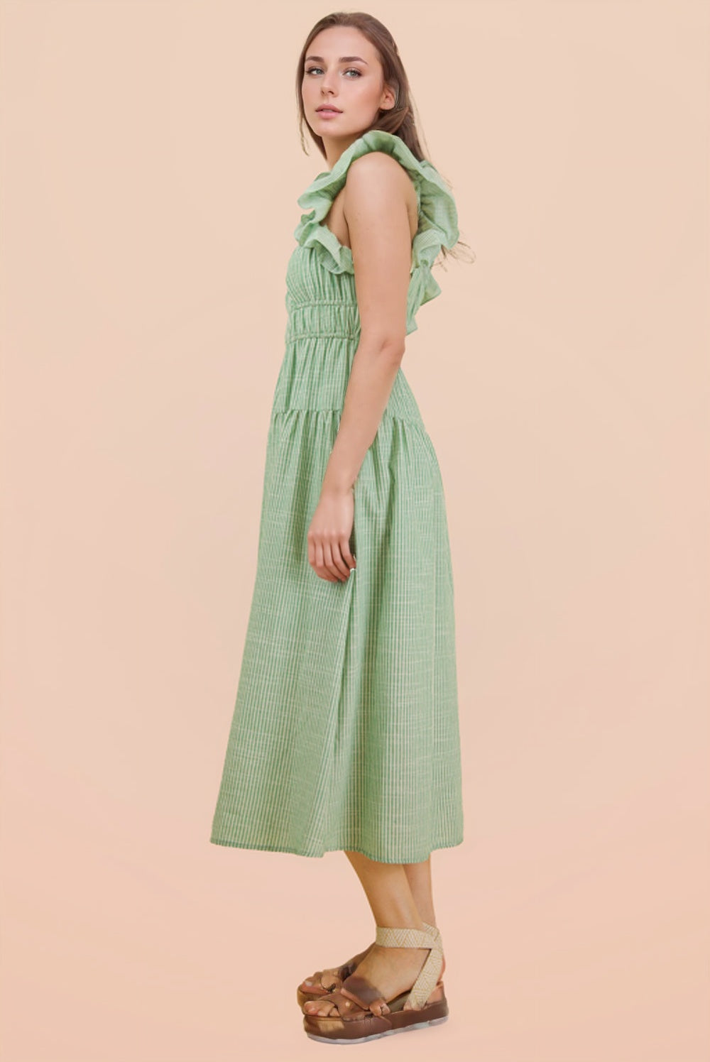 Shoulder Ruffle Detail Stripe Midi Dress
