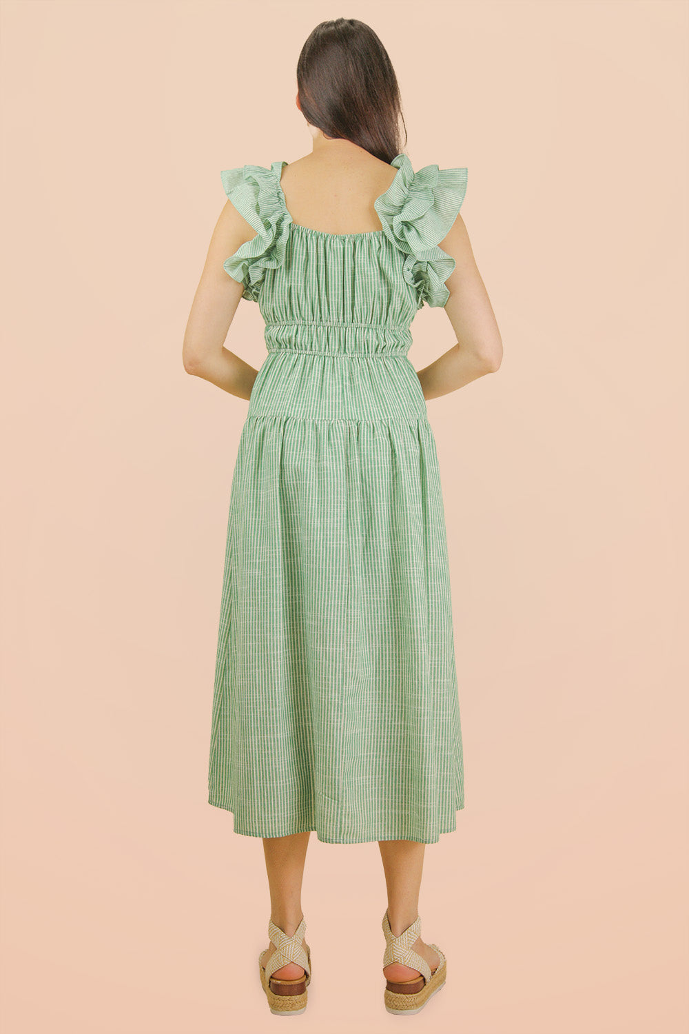 Shoulder Ruffle Detail Stripe Midi Dress