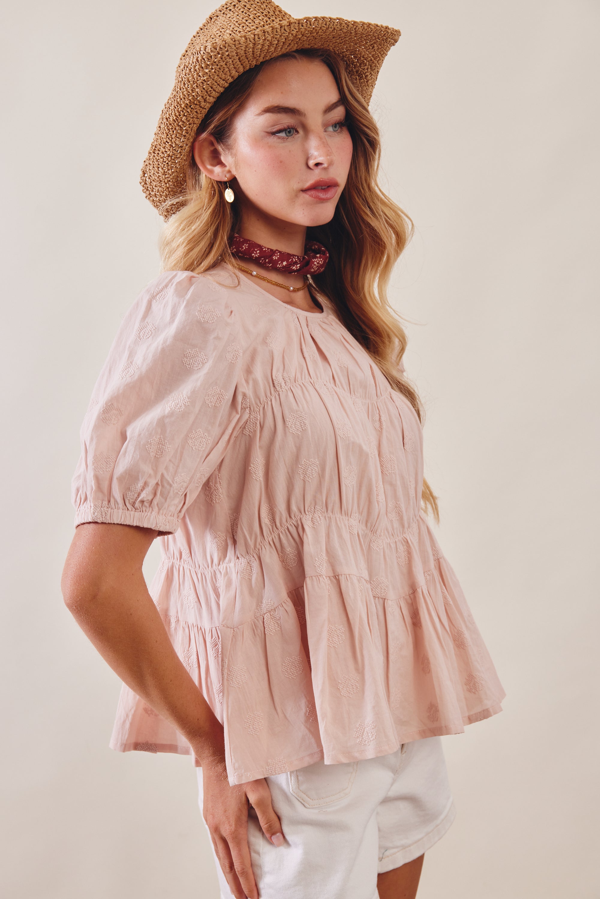 Cinch Tiered Puff Sleeve Textured Blouse Top