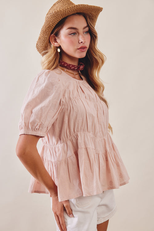 Cinch Tiered Puff Sleeve Textured Blouse Top
