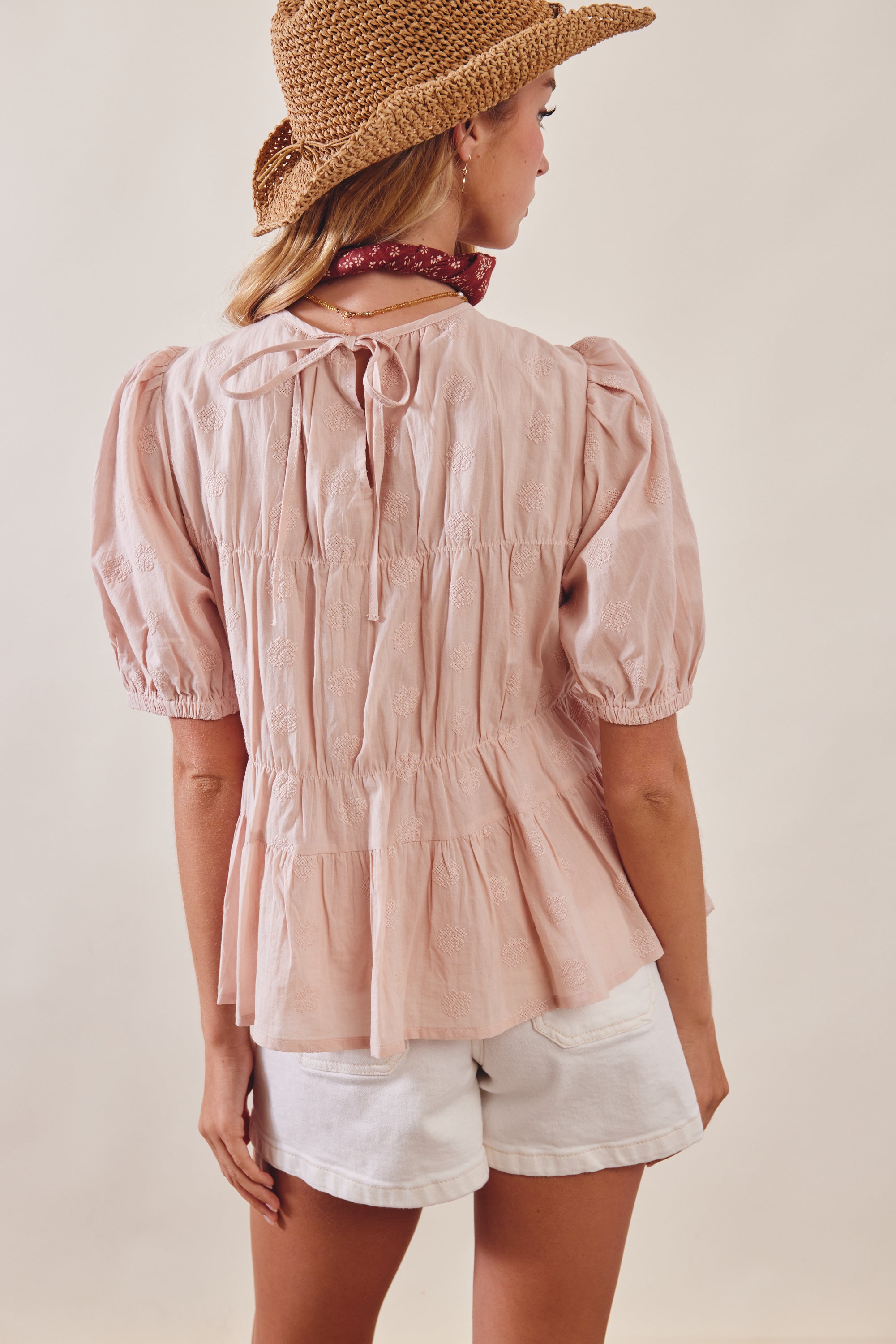 Cinch Tiered Puff Sleeve Textured Blouse Top