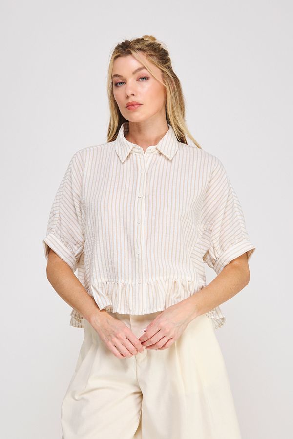 Button Down Striped Ruffle Detail Top