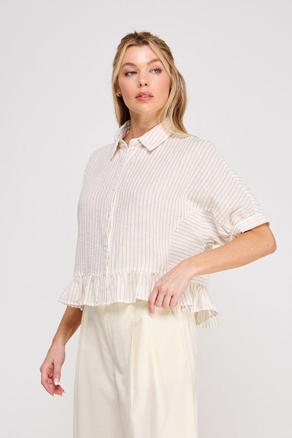 Button Down Striped Ruffle Detail Top