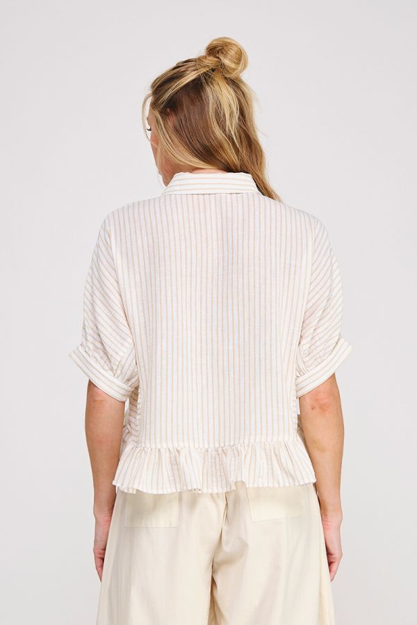 Button Down Striped Ruffle Detail Top