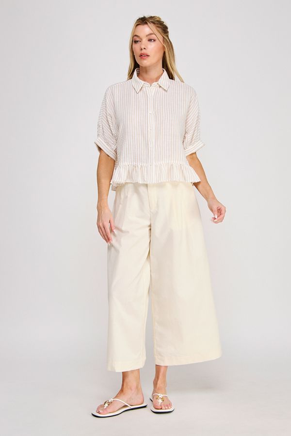 Button Down Striped Ruffle Detail Top