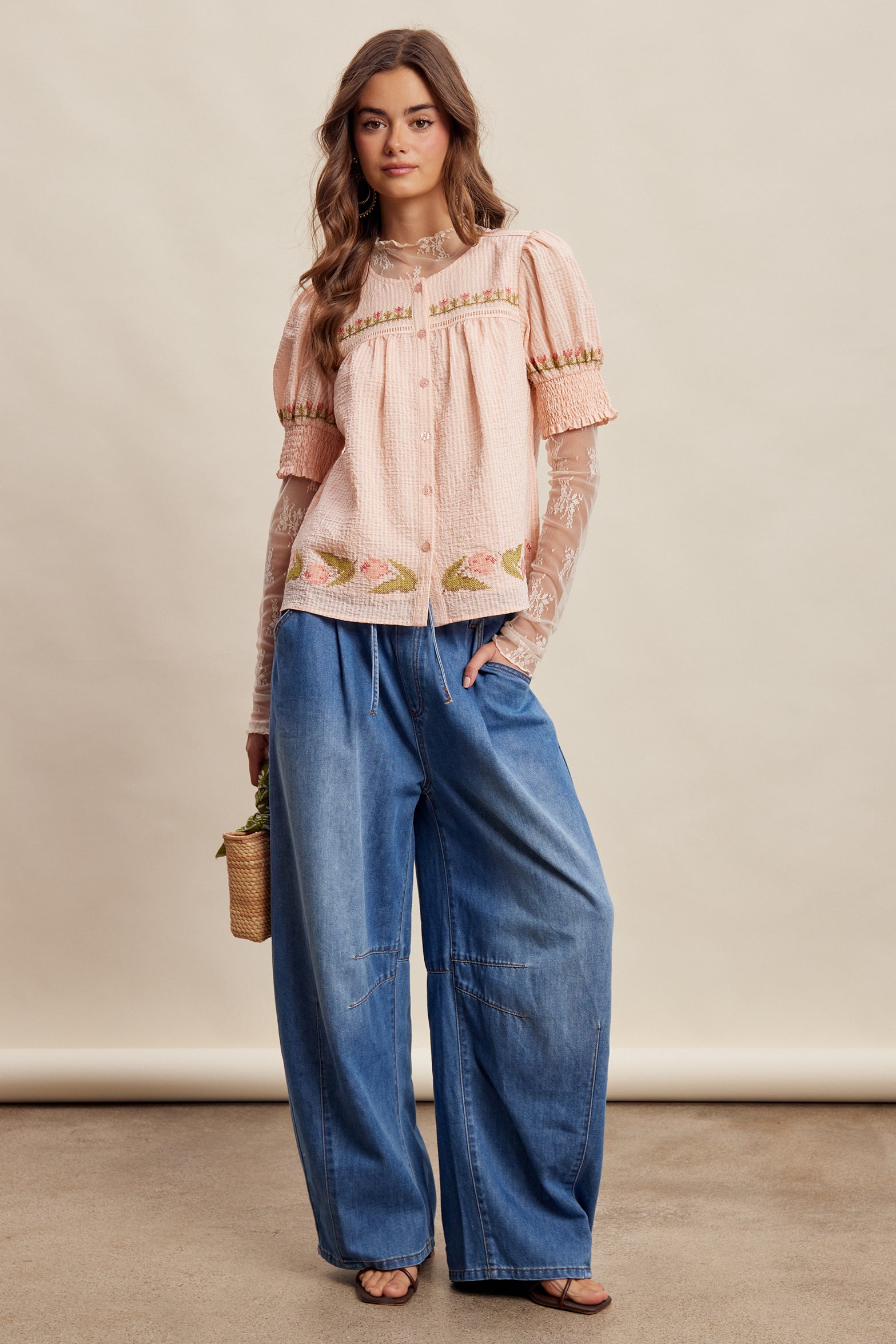 Flower Embroidered Button Front Blouse Top