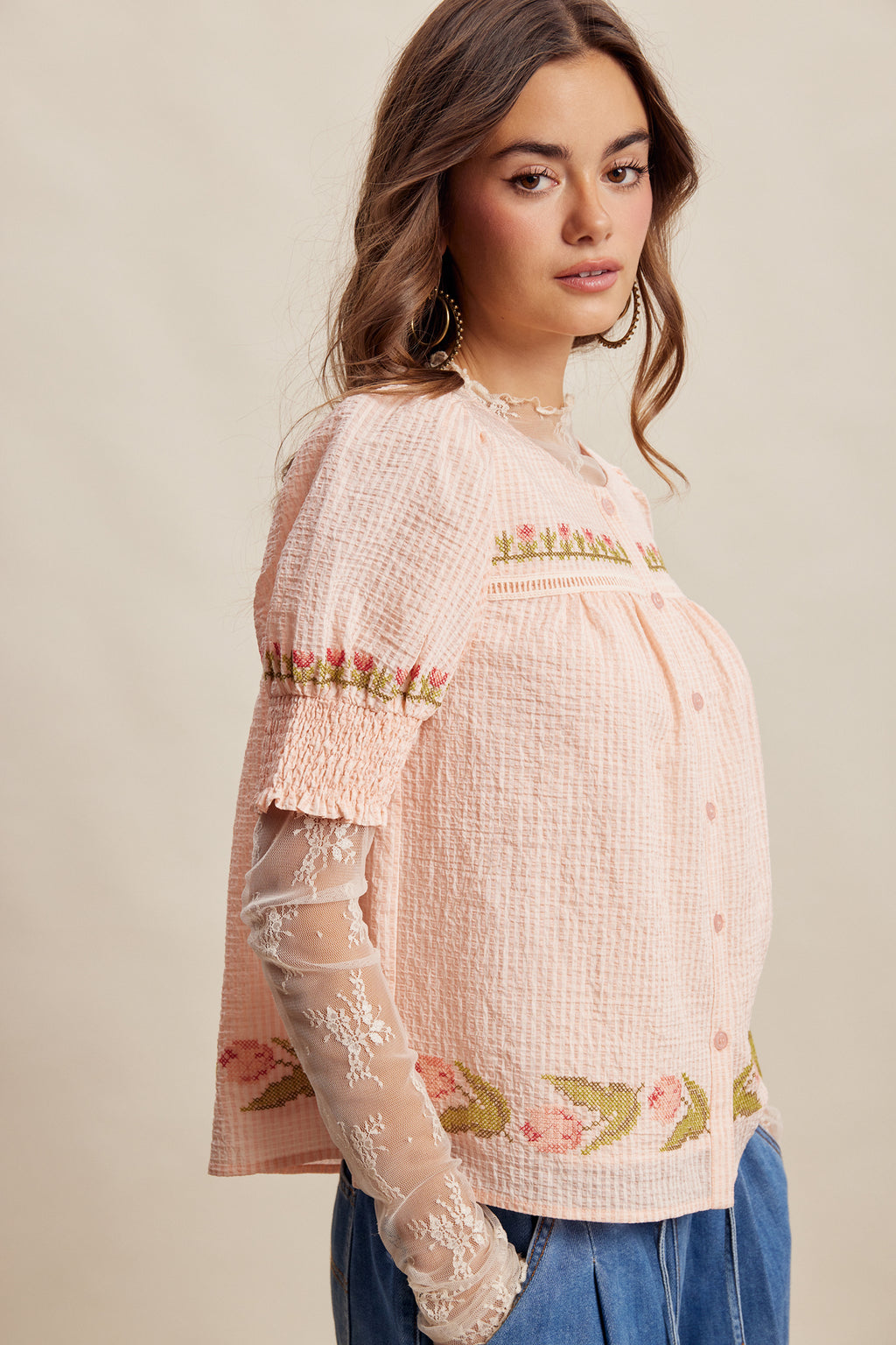 Flower Embroidered Button Front Blouse Top