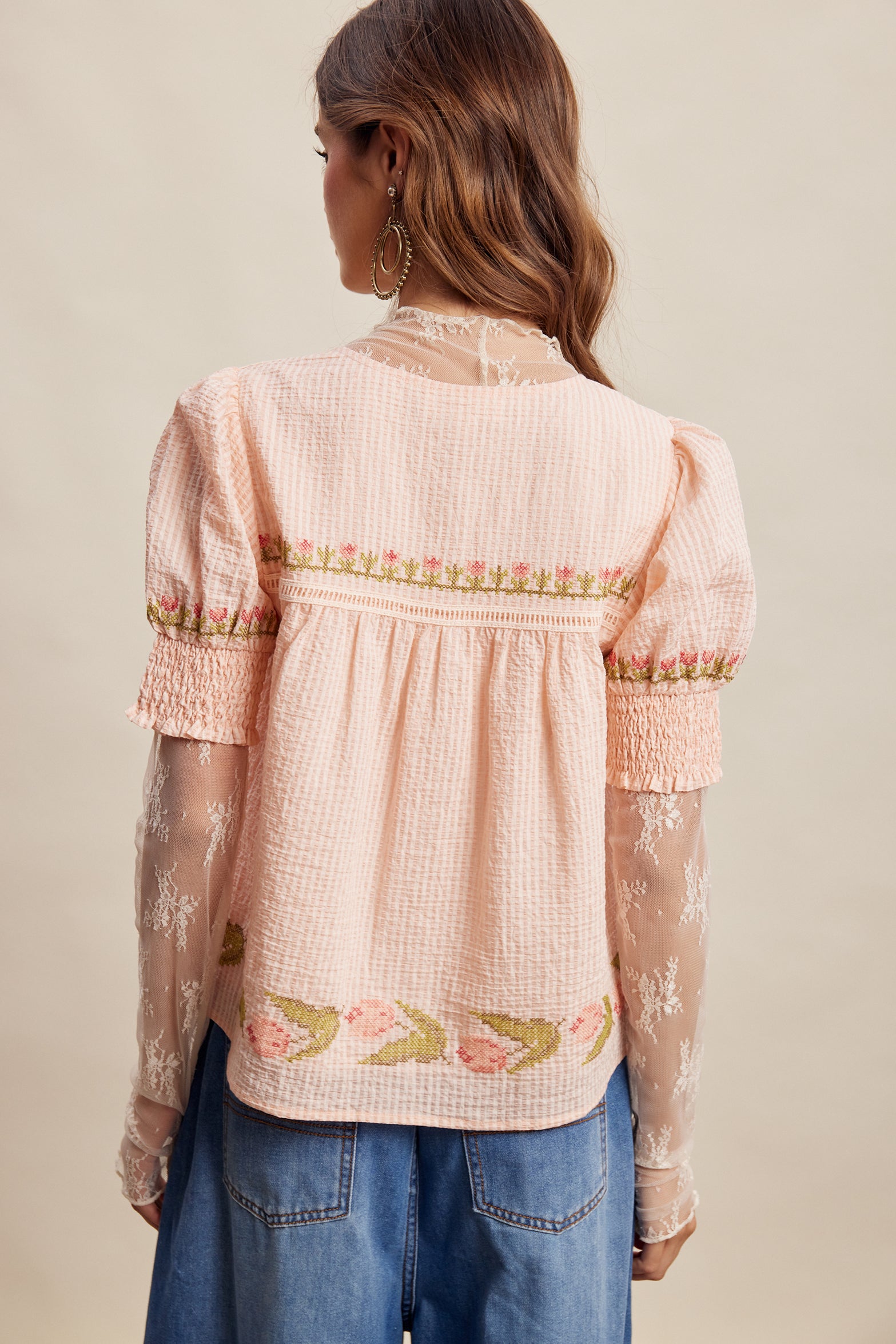 Flower Embroidered Button Front Blouse Top