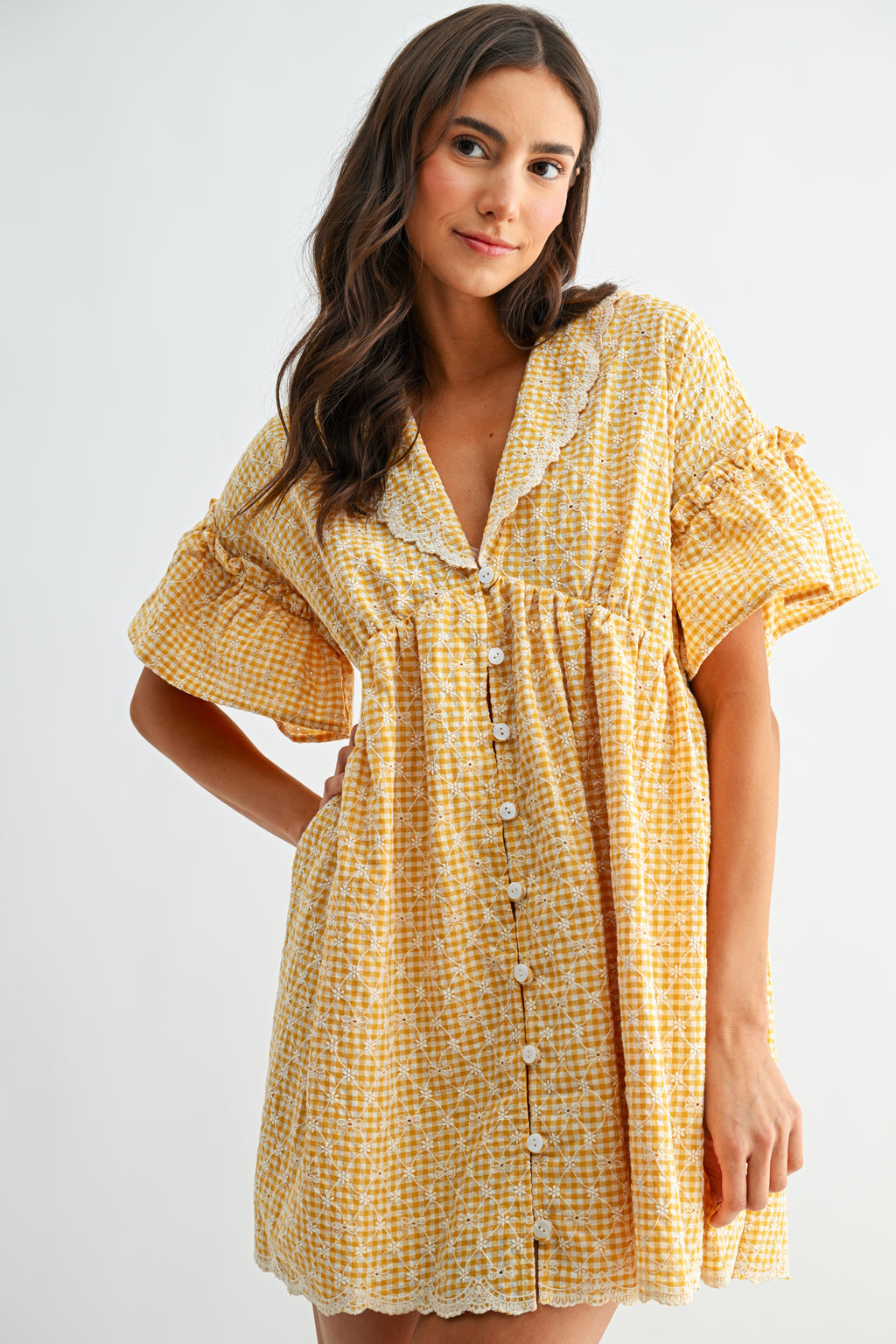 Mustard Yellow Gingham Lace Trim Babydoll Dress