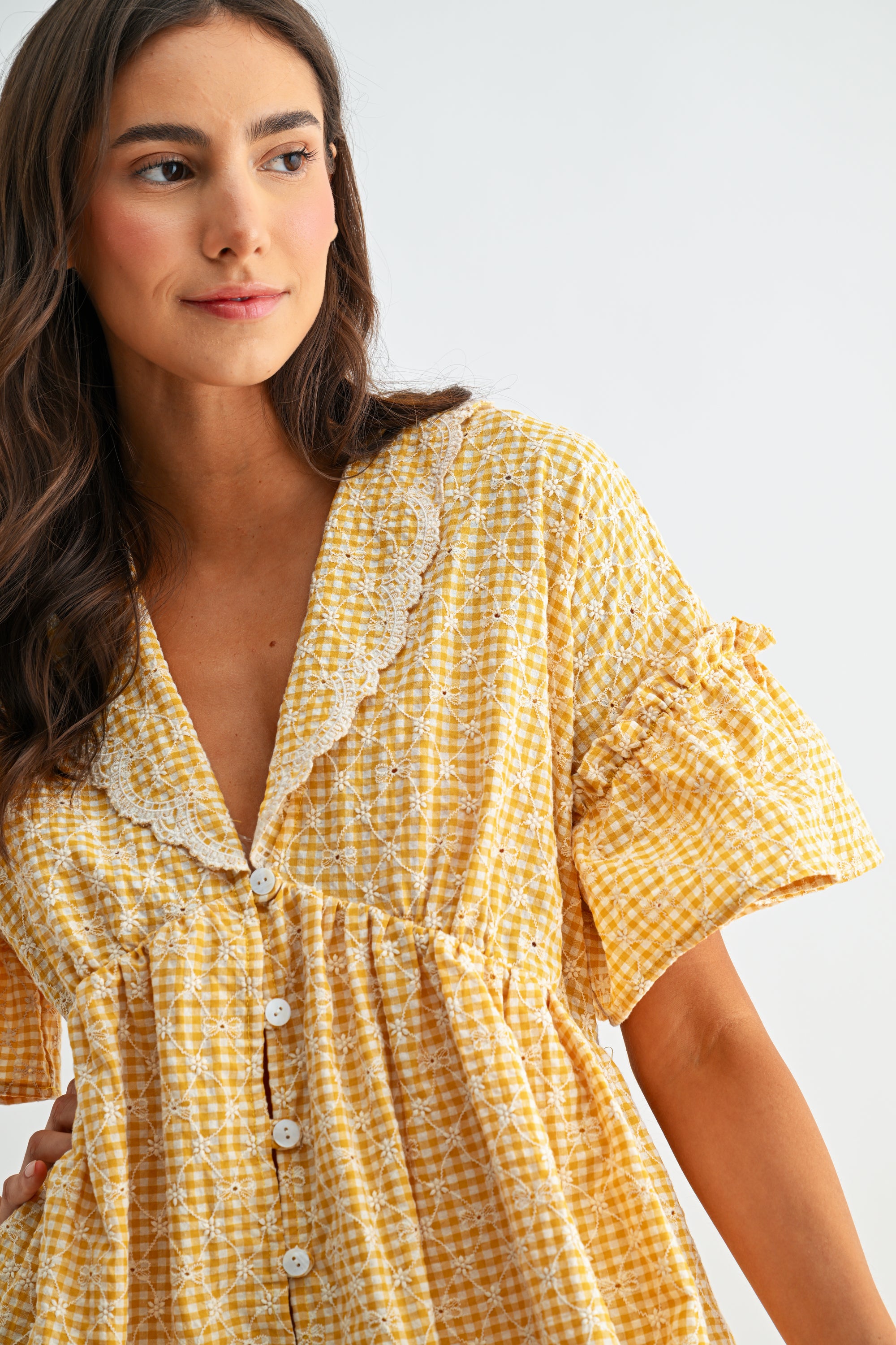 Mustard Yellow Gingham Lace Trim Babydoll Dress