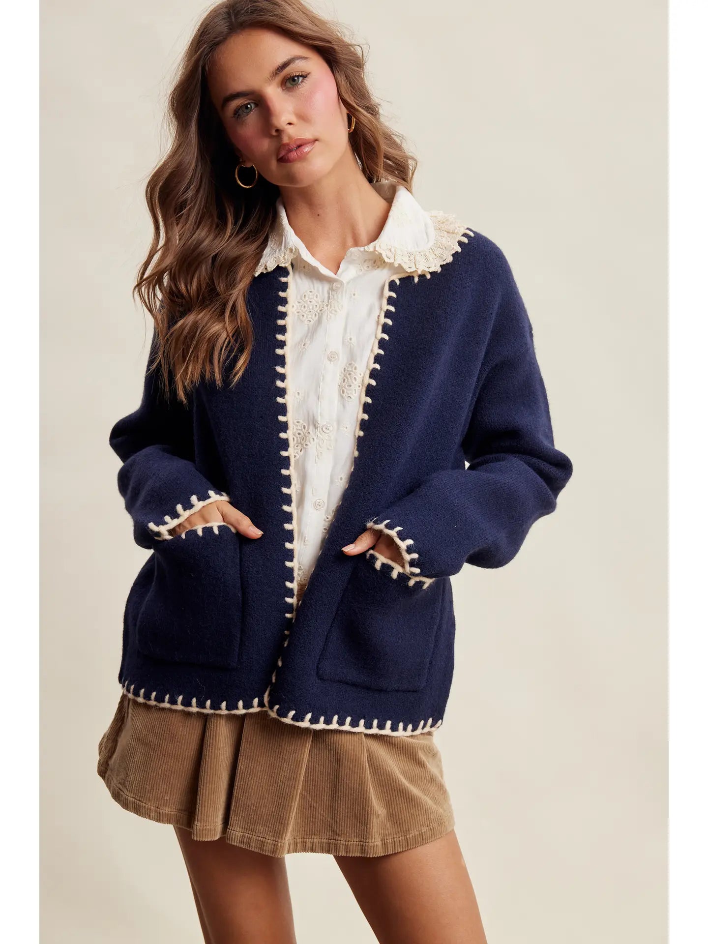 Contrast Whipstitch Knit Cardigan