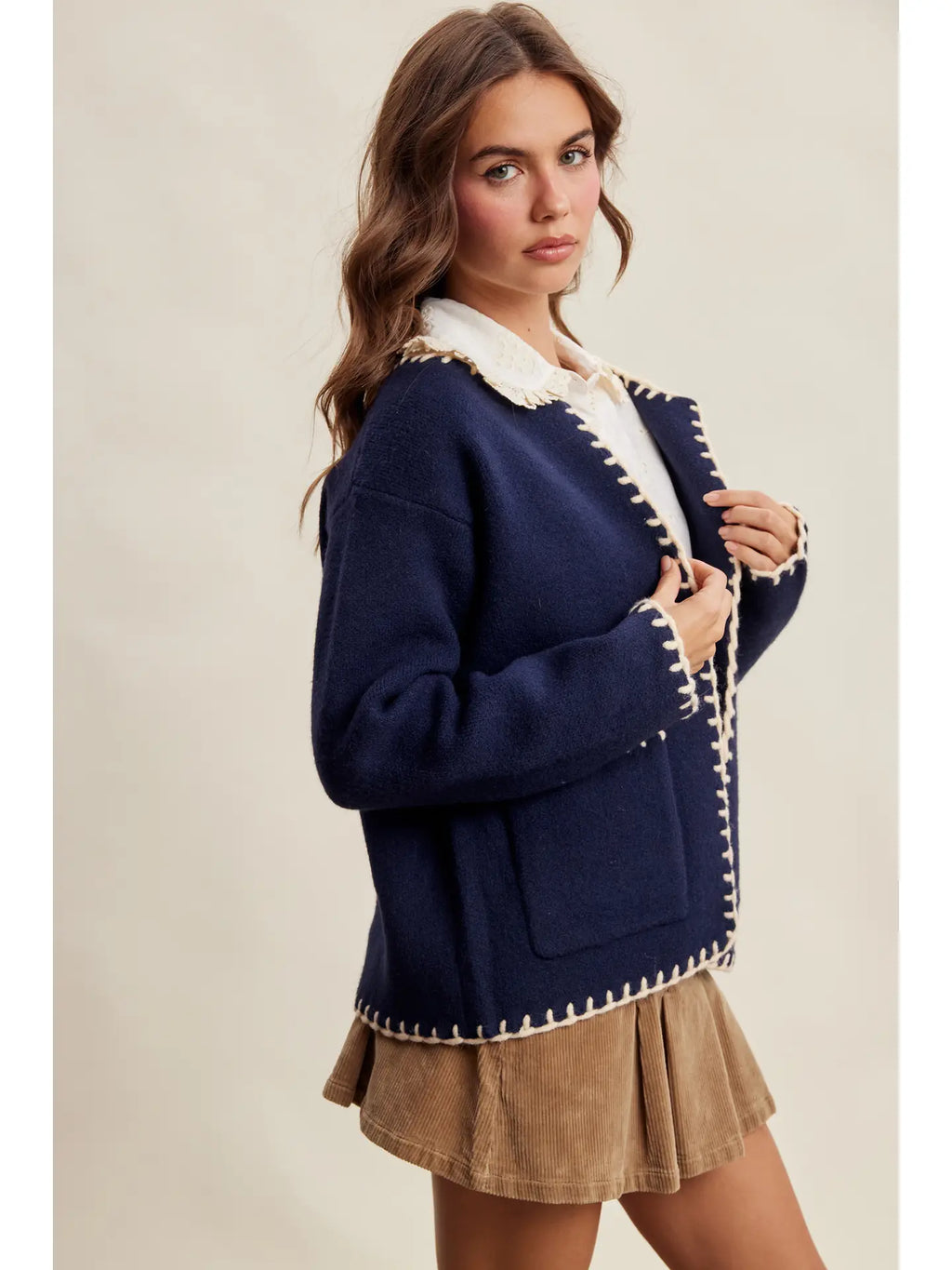 Contrast Whipstitch Knit Cardigan
