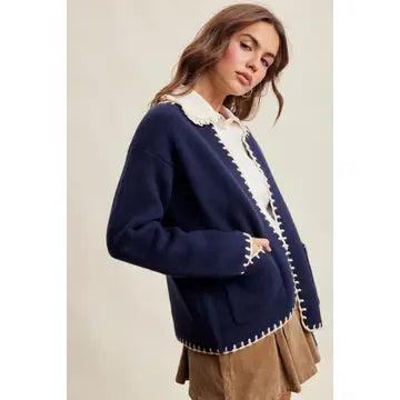 Contrast Whipstitch Knit Cardigan