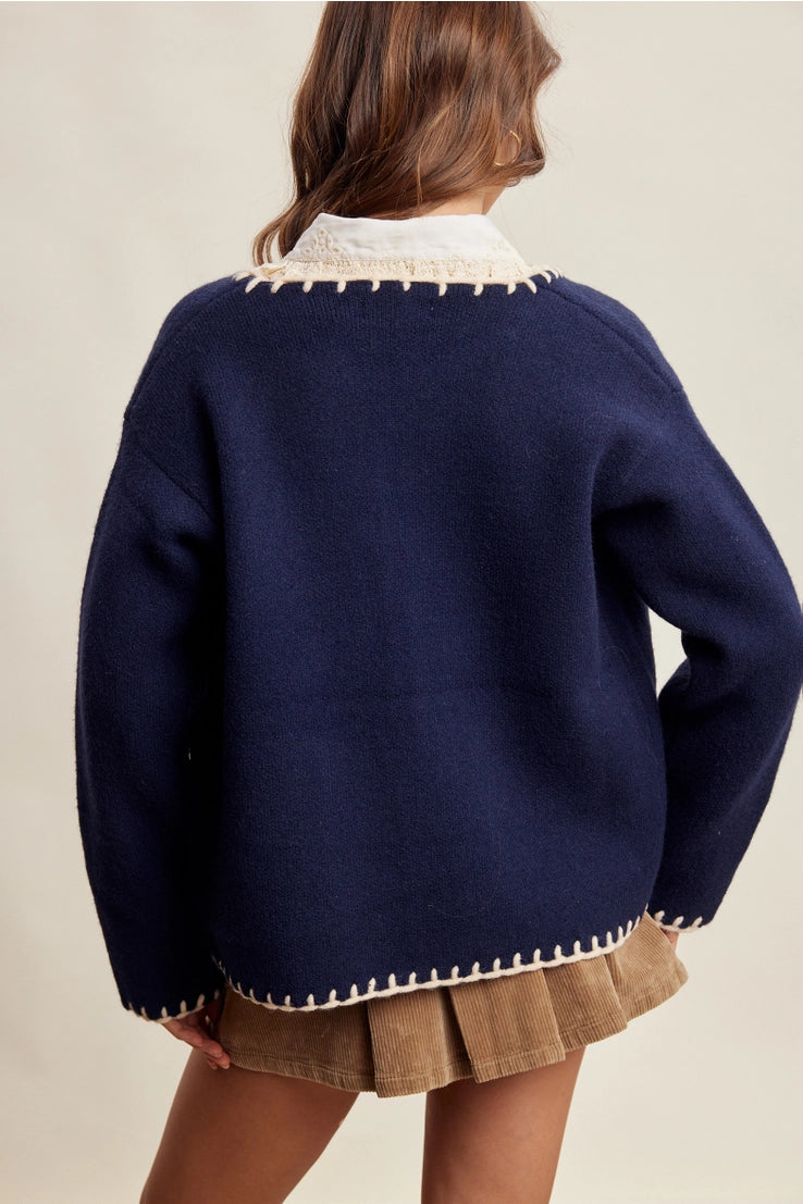 Contrast Whipstitch Knit Cardigan
